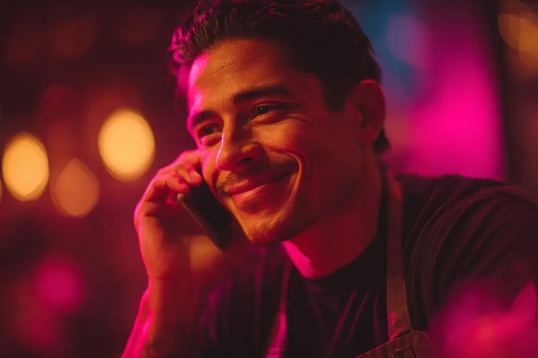 Electricista sonriendo mientras responde a un cliente y cotiza desde su teléfono con Sede IA.